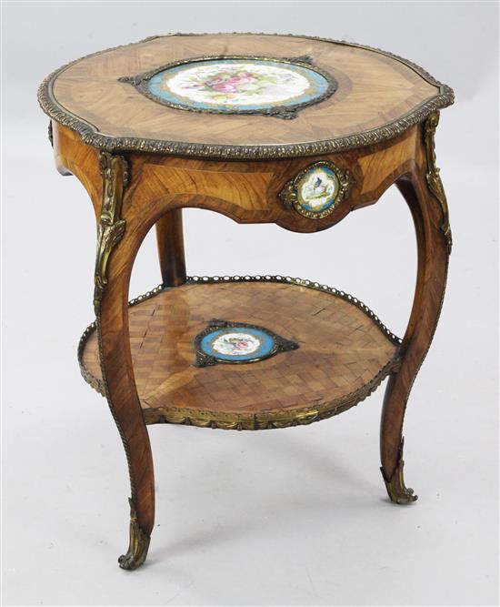 A late 19th century French ormolu mounted kingwood occasional table, W.1ft 11in. H.2ft 2in.